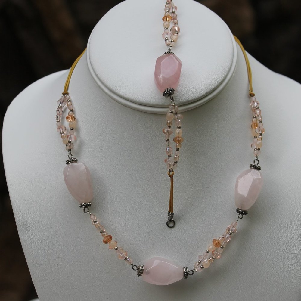 Vintage Rose Quartz and Crystal Necklace and Bracelet Set